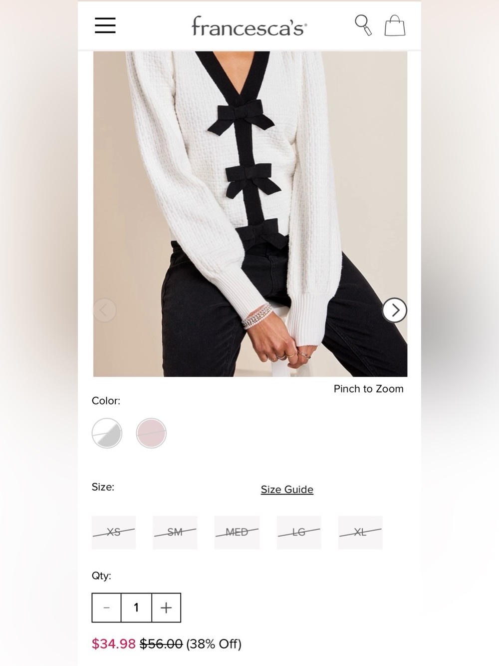 Francesca's Collections White V-Neck Sweater with Black Bow Trim